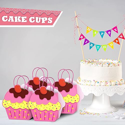 24 Pieces Colorful Cupcake Shaped Small Gift Bags Birthday Party Favor Paper Bag with Handle for Children Party Baby Showers Birthday Party Return Favor