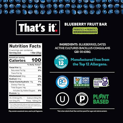 That's it. Probiotic Bars Variety Pack Mango Blueberry Fruit Bar Immunity Booster & Support Active Cultures to Promote Healthy Gut & Digestion 100% All Natural Ingredients Whole 30 Compliant Paleo Allergen Friendly 12 count