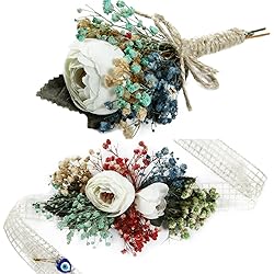 PRIMEART Corsage and Boutonniere Set 13 Pcs 6 Corsage Wristlet & 6 Boutineers for Men Wedding &1 Flower Crown-Gift Set for Groom Boutonniere & Wrist Corsages for Wedding & Corsage for Prom