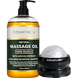 Cosmetasa Sore Muscle Massage Oil with Massage Ball Roller - Soothes Muscle and Joint Pain with Arnica Extract, Peppermint, Chamomile, and Lavender Oil