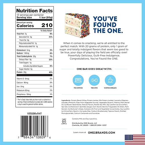 ONE Protein Bars, Gluten Free Protein Bars with 20g Protein and only 1g Sugar, Guilt-Free Snacking for High Protein Diets, Birthday Cake, 2.12 Oz, 12 Count