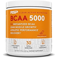 RSP BCAA 5000 30 Serv, Premium BCAA Powder for Post Workout Muscle Recovery, Endurance & Energy, 5g of Essential Branched Chain Amino Acids, Orange Mango Packaging May Vary