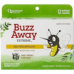 Quantum Buzz Away Extreme Towelettes - Natural DEET-free Insect Repellent Wipes, Essential Oils - Small Children and Up, Travel Friendly, 12 Count