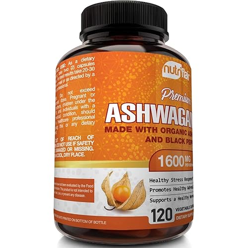 NutriFlair Organic Ashwagandha Capsules 1600mg with Black Pepper, 120 Vegan Pills - Powerful Root Powder Supplement - Stress Anxiety Relief, Immune, Mood Enhancer, Energy, Adrenal and Thyroid Support