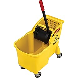 Rubbermaid Commercial Products, Mop Bucket with Wringer on Wheels, Heavy Duty All-in-One Tandem Mopping Bucket, Yellow, 31 Quart FG738000YEL