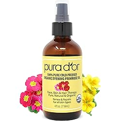 PURA D'OR Organic Evening Primrose Oil 4oz 100% Pure Cold Pressed wNatural Essential Fatty Acids & Antioxidant Rich - Moisturizes, Rejuvenates, Renews & Restores - Skin, Hair & Face