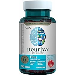 NEURIVA Plus Brain Supplement For Memory, Focus & Concentration Cognitive Function with Vitamins B6 & B12 and Clinically Tested Nootropics Phosphatidylserine and Neurofactor, 50ct Strawberry Gummies