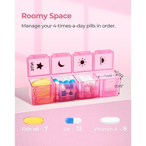 Weekly Pill Organizer 4 Times a Day, AMOOS Portable Pill Box 7 Day with Large Compartments & Moisture-Proof Outer Case for VitaminFish OilSupplements