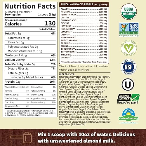 Garden of Life Raw Organic Plant Based Protein Powder, Chocolate - Vegan Protein Shake with BCAAs, Probiotics & Digestive Enzymes - No Soy, Dairy, Lactose or Gluten, Sugar Free - 20 Servings