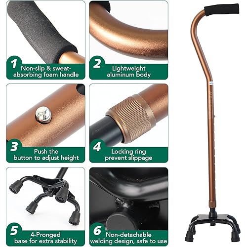 Ruedamann 28" to 36.8" Quad Cane, 250 lbs Capacity,Adjustable Lightweight Walking Stick with 4-Pronged Base for Men & Women, Soft Foam Offset Grip Handle, Stability & Mobility Aid for Seniors, Brown