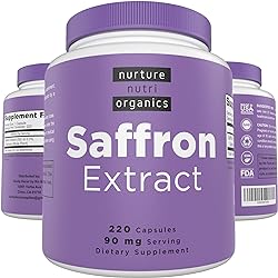 Nurture Nutri Organics Saffron Extract Capsules - 220 Capsules 90mg Serving | Saffron Supplements | Saffron Capsules | Saffron Supplement | Mood Booster | Golden Saffron Extract | Saffron Pills
