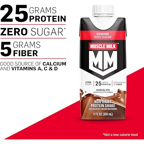 Muscle Milk Genuine Protein Shake, Chocolate, 11 Fl Oz Carton, 12 Pack, 25g Protein, Zero Sugar, Calcium, Vitamins A, C & D, 5g Fiber, Energizing Snack, Workout Recovery, Packaging May Vary
