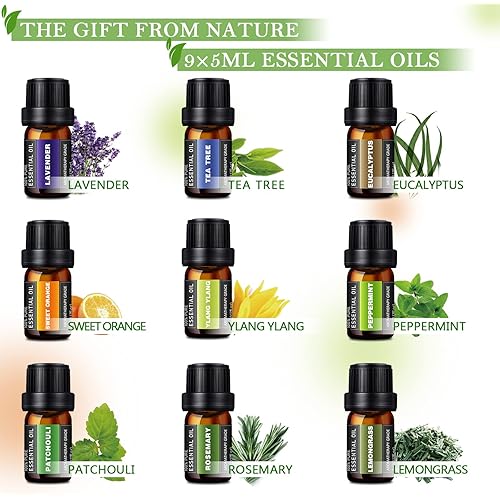 Essential Oils Set -100% Natural Essential Oils -Perfect for Diffusers, Aromatherapy,Humidifiers,Massage,Skin & Hair Care, DIY Candle and Soap Making,9x5 ML0.17oz