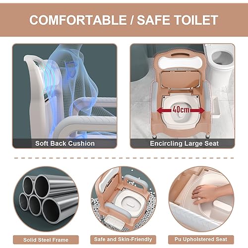 Bedside Commodes, 16" Toilet Chair Seat with Handles, Height Adjustable Mobile Portable Toilets, Anti-Slip and Anti-Rollover, Adult Potty Chair Load 660 Lb for Seniors Disabilities Elderly & Others