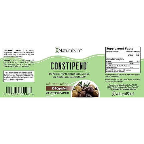 NaturalSlim Constipend - Constipation Support, Colon Cleanse Supplement - Restores Magnesium Level, Better Digestion, Improved Metabolism w Olive Extract - 120 Capsules 2 Pack