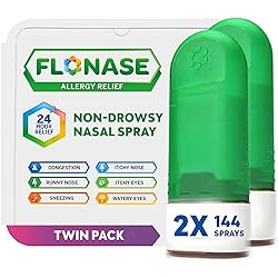 Flonase Allergy Relief Nasal Spray, 24 Hour Non Drowsy Allergy Medicine, Metered Nasal Spray - 144 Sprays Pack of 2