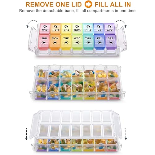 Pill Organizer 2 Times a Day, Fullicon Quick Fill Large Weekly AM PM Pill Box, Medicine Organizer 7 Day, Daily Pill Cases - Rainbow Patent Registered