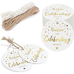 100PCS Thank You for Celebrating with US Tags,White High-end Paper Round Favors Labels with String,Personalized Gift Tags for Baby Shower,Wedding,Bridal Shower,and Gift Wrapping（1.97"x1.97"