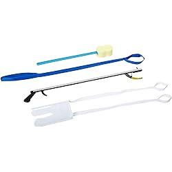 Sammons Preston Hip Kit 9, Four Essential Assisted Daily Living Aids for Limited Mobility, Includes 32" Reacher Claw, Flexible Sock Aid, Rigid Leg Lifter, and Contoured Bath Sponge with Long Handle