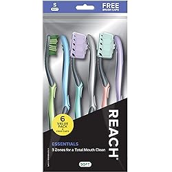 REACH Essentials Toothbrush with Toothbrush Caps, Multi-Zoned Angled Soft Bristles, Contoured Handle, Tongue Scraper, 6 Count Pack of 1