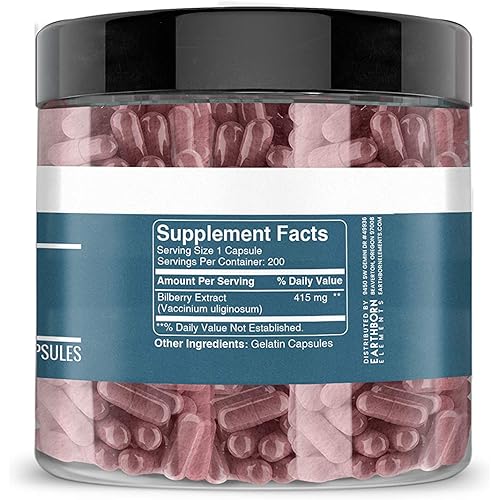 Earthborn Elements Bilberry Extract 200 Capsules, Pure & Undiluted, No Additives