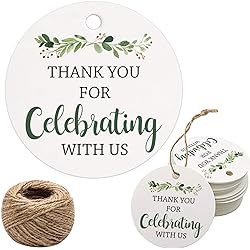 Thank You for Celebrating with Us Tags, 100Pcs Greenery Thank You Tags for Wedding Birthday Baby Shower Party Favors, Paper Gift Tags with 100 Feet Jute String