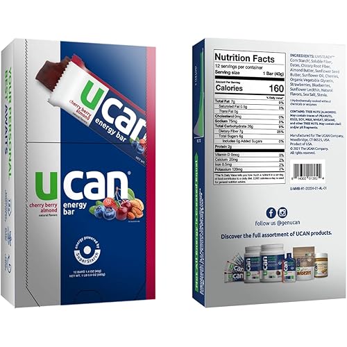 UCAN Plant Based Energy Bars, Cherry Berry Almond, No Added Sugar, Soy-Free, Non-GMO, Vegan, Gluten-Free, Keto-Friendly 12 Pack, 1.4 Ounces