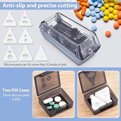 Fullicon Pill Cutter for Small or Large Pills, Pill Splitter with V-Shape Holder, Medicine Slicer with Sharp Blade,Tablet Splitter with Two Large Pill Organizers
