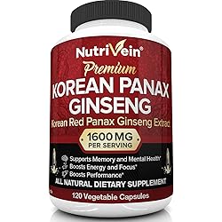 Nutrivein Pure Korean Red Panax Ginseng 1600mg - 120 Vegan Capsules - High Strength 5% Ginsenosides - Ginseng Root Extract Powder for Energy, Potency, Strength, Vigor and Focus for Men and Women