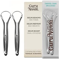 GuruNanda Stainless Steel Tongue Scraper Pack of 2, Fight Bad Breath, Medical Grade 100% Stainless Steel Tongue Cleaner, Tongue Scraper For Adults and Kids, Great For Oral Care, Travel Friendly
