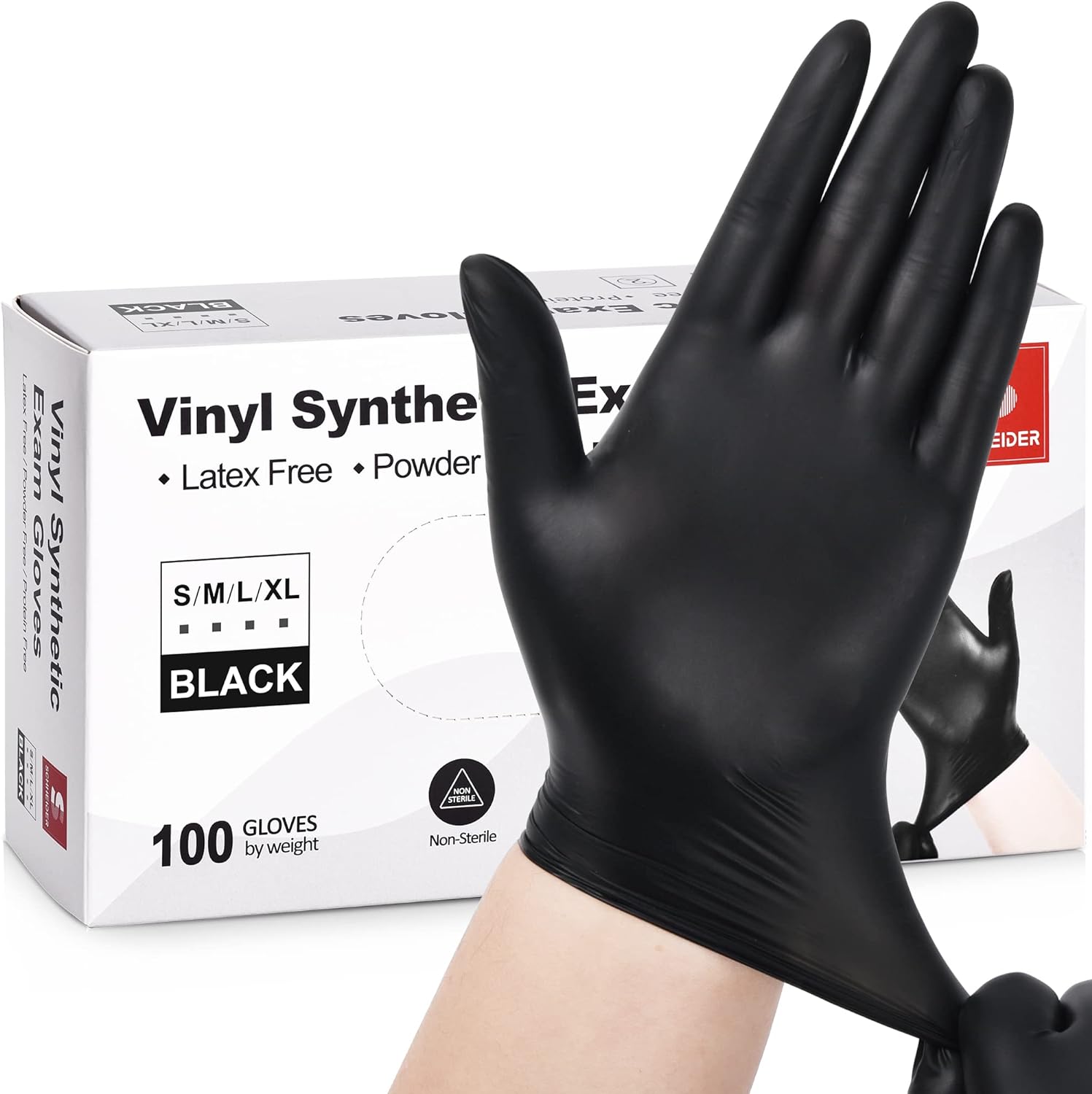 Schneider Black Vinyl Exam Gloves, 4mil, Disposable Gloves Latex-Free, Plastic Gloves for Medical, Cooking, Cleaning, and Food Prep, Surgical Gloves, Powder-Free, Non-Sterile, 100-ct Box Medium