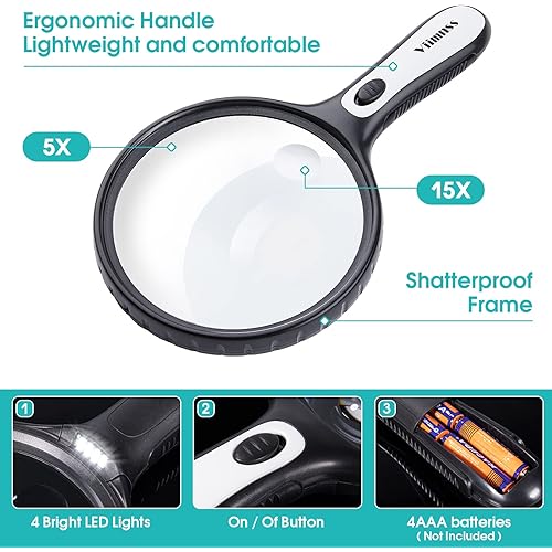 Magnifying Glass with Light, Large Magnifier 5X 15X Handheld Illuminated Lighted Magnifier with 4 LED Lights Storage Bag Clean Cloth for Seniors Reading, Inspection, Exploring