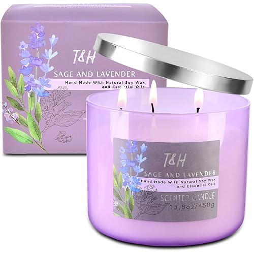 Sage Lavender Scented Candles | 3 Wick Candle | Lavender Candle | Sage Candles for Cleansing House | Soy Candles for Home Scented | White Sage Candle, 16 Oz Large Relaxing Lavender Candle Aromatherapy