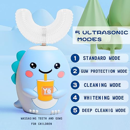 Kids U Shaped Electric Toothbrush with 4 Brush Heads, Sonic Toothbrush Kids with 5 Modes, Cartoon Dinosaur 360-Degree Cleaning IPX7 Waterproof Design 2-6 Age Blue