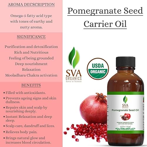 SVA Organics Pomegranate Seed Oil 4 Oz Cold Pressed Unrefined Carrier Oil for Face, Skin, Hair, Diffuser, Body Massage & Nails Care