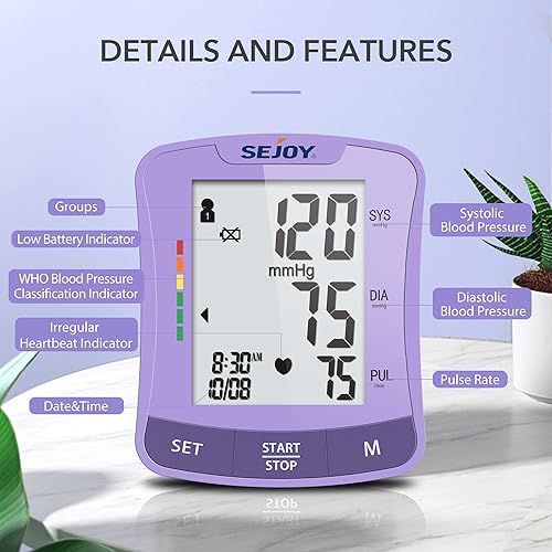 Sejoy Blood Pressure Monitors for Home Use, Blood Pressure Cuff Wrist, Blood Pressure Monitor Machine, Bp Cuff Automatic Wrist-120 Memories 5.3-8.5 Adjustable Cuff-Storage Bag Batteries, Purple