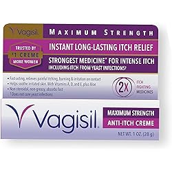 Vagisil Maximum Strength Feminine Anti-Itch Cream with Benzocaine for Women, Helps Relieve Yeast Infection Irritation, Gynecologist Tested, Fast-acting, Soothes and Cools Skin, 1 oz
