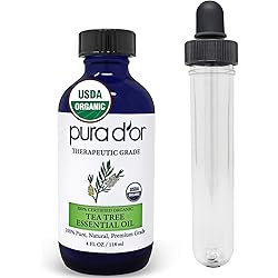 PURA D'OR Organic Tea Tree Melaleuca Essential Oil 4oz with Glass Dropper 100% Pure & Natural Therapeutic Grade for Hair, Body, Skin, Scalp, Aromatherapy Diffuser, Cleansing, Purify, Home, DIY Soap