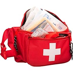 NOVAMEDIC First Aid Fanny Pack Stocked with 75 Piece Emergency Essentials, 8"x2"x6", Waist Bag w 3 Zippered Compartments & Adjustable Strap for Lifeguard, Hiking, Travel Men & Women, Durable, Red
