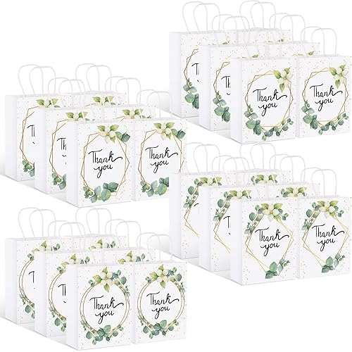 24 Pcs Greenery Eucalyptus Small Thank You Bags Floral Design Paper Gift Bags with Handles Baby Shower Favor Bags Thank You Wedding Bags White Kraft Paper Bags for Birthday Party, 6.3 x 3.1 x 8.7 Inch