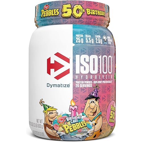 Dymatize ISO100 Hydrolyzed Protein Powder in Birthday Cake Flavor, 100% Whey Isolate Protein, 25g of Protein, 5.5g BCAAs, Gluten Free, Fast Absorbing, Easy Digesting, 20 Serving