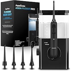 AquaSonic Aqua Flosser PRO | Professional Water Flosser with Large Capacity Reservoir | Oral Irrigator w 2 Modes, 10 Levels of Water Pressure, 4 Included Tips | Sleek & Compact | Dentist Recommended