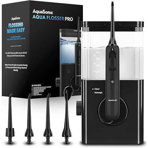 AquaSonic Aqua Flosser PRO | Professional Water Flosser with Large Capacity Reservoir | Oral Irrigator w 2 Modes, 10 Levels of Water Pressure, 4 Included Tips | Sleek & Compact | Dentist Recommended