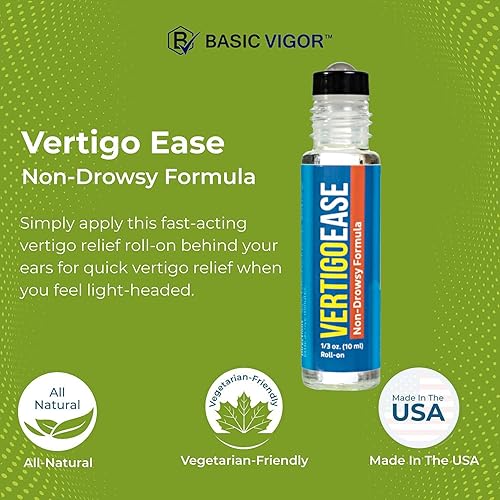 Basic Vigor Vertigo Ease Roll-On 10ml - Natural & Fast-Acting Vertigo Relief, Nausea Relief & Dizziness Relief with Lavender, Ginger, Frankincense & Essential Oils - Combat Travel Sickness
