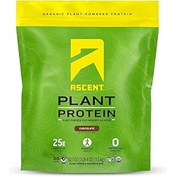 Ascent Organic Plant Based Protein Powder - Non Dairy Vegan Protein, Zero Artificial Ingredients, Soy & Gluten Free, No Added Sugar, 4g BCAA, 2g Leucine - Chocolate, 36 Servings