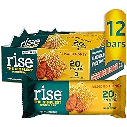 Rise Whey Protein Bars - Almond Honey | Healthy Breakfast Bar & Protein Snacks, 20g Protein, 4g Fiber, Just 3 Whole Food Ingredients, Non-GMO Healthy Snacks, Gluten-Free, Soy Free Bar, 12 Pack