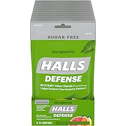 HALLS Defense Assorted Citrus Sugar Free Vitamin C Drops, Dietary Supplement Drops, 12 Bags of 25 Drops 300 Total Drops