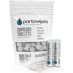 Portawipes Coin Tissues | 100 Pack with 2 Carrying Cases | Toilet Paper Tablets | Compressed Towels | Expandable Wipes | Soft & Odor Free