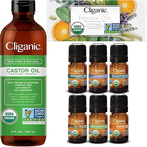 Cliganic Organic Castor Oil with Top 6 Essential Oils Set