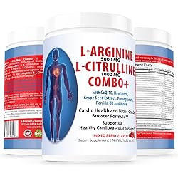 L-arginine 5000 mg and L-citrulline 1000 mg Combo, Nitric Oxide Supplement Complex, Cardio Heart Health Powder, Mixed Berry Flavor, 16.82 Oz